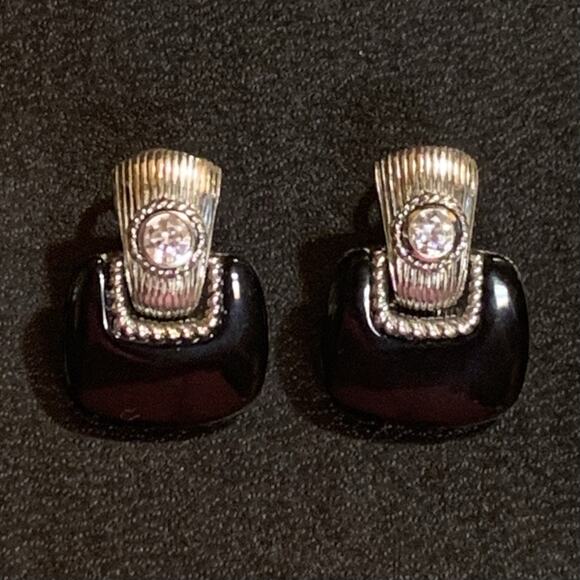 Judith Ripka Earrings Sterling Silver, CZ & Black Onyx Door Knockers Omega Backs - Picture 8 of 11